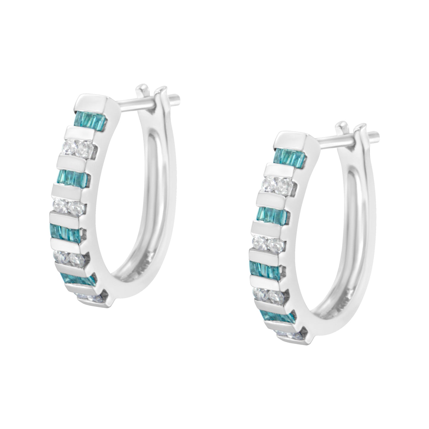 Boucles d'oreilles créoles en diamant bleu et rond en or blanc 10k