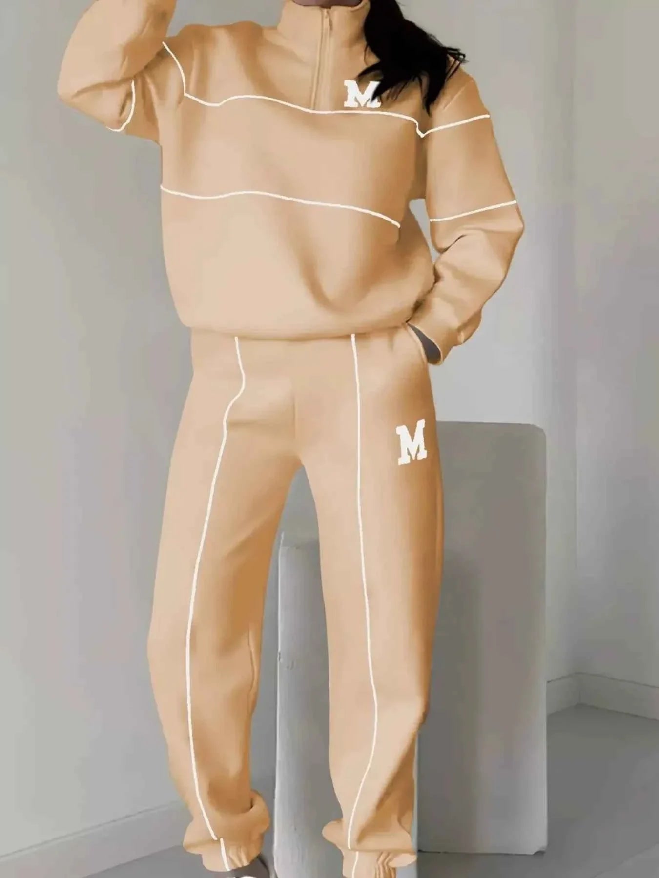 Plus Size Striped Quarter Zip Top and Pants Set
