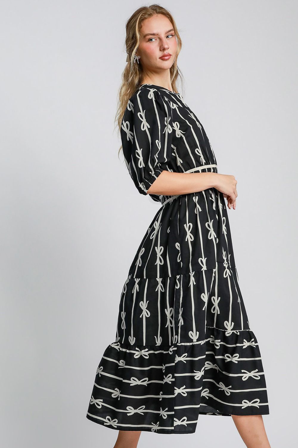 Bow Tie Print Notched Velvet Trim Midi Dress