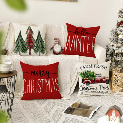 Christmas Tree Print Linen Pillow Cover for Holiday Decor
