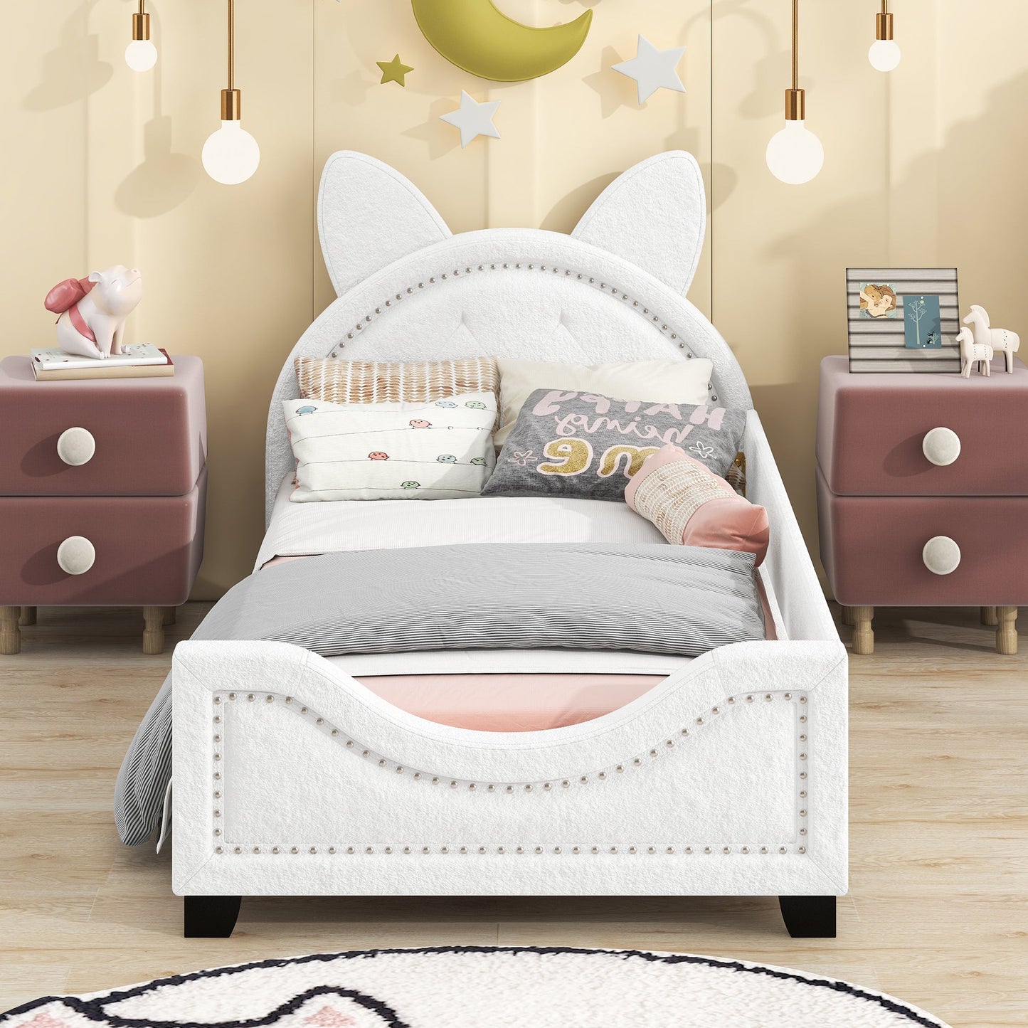 Lit de jour rembourré en polaire Teddy taille twin avec tête de lit en forme d'oreilles