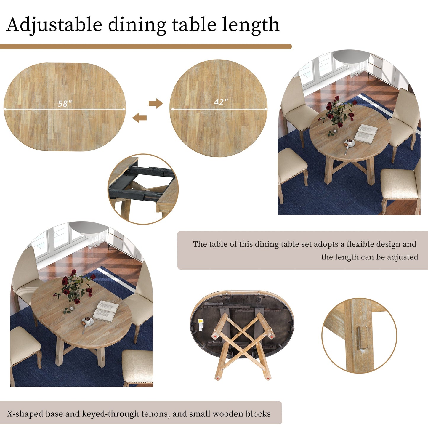 TREXM 5-Piece Farmhouse Dining Table Set Wood Round Extendable Dining Table and 4 Upholstered Dining Chairs (Natural Wood Wash) - Korvel