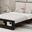 Queen Size Platform Bed Frame with Upholstery Headboard and Bookshelf in Footboard and LED Light Strips, Espresso - Korvel