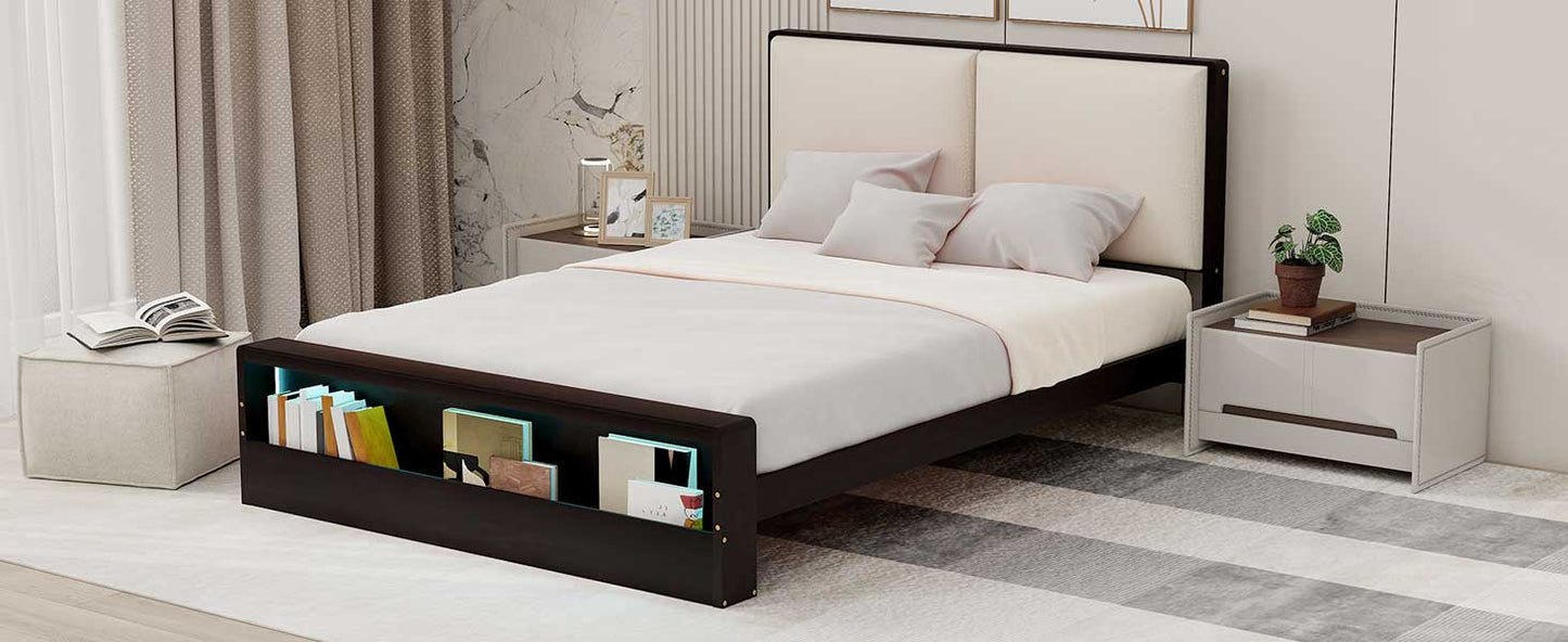 Queen Size Platform Bed Frame with Upholstery Headboard and Bookshelf in Footboard and LED Light Strips, Espresso - Korvel