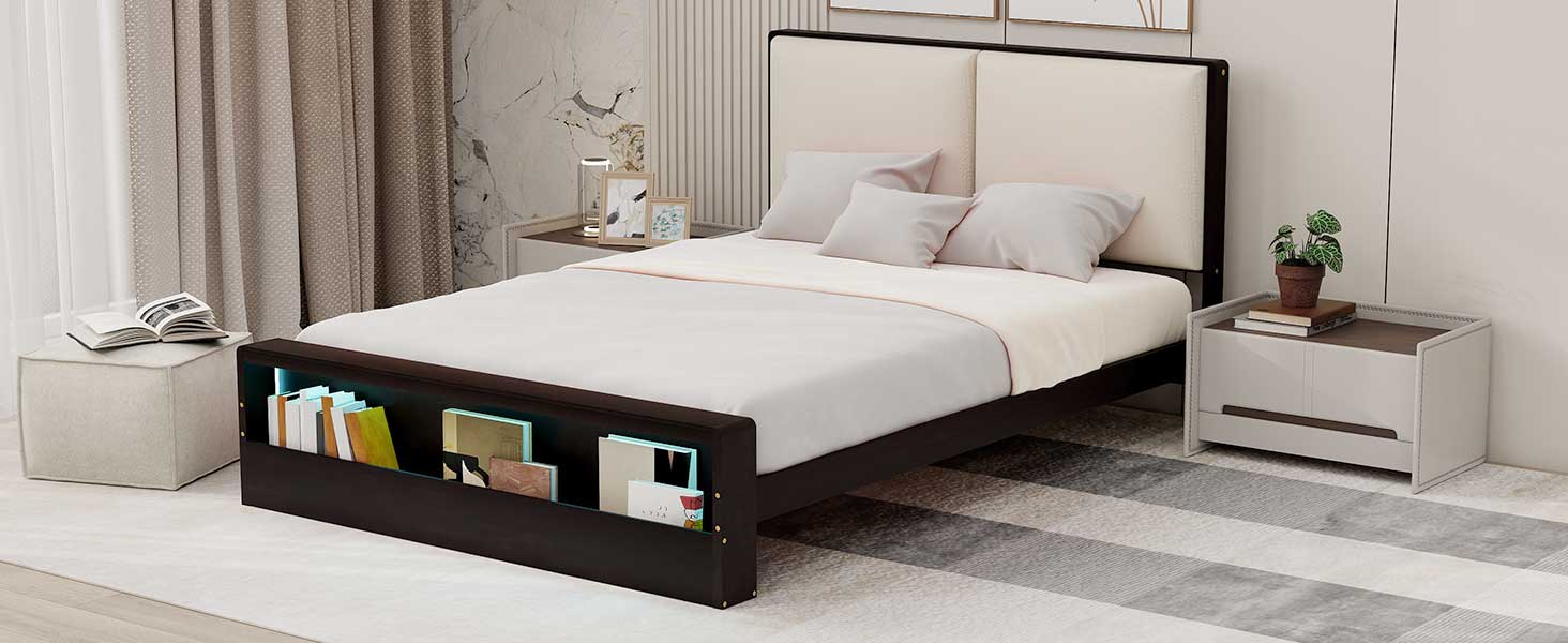 Queen Size Platform Bed Frame with Upholstery Headboard and Bookshelf in Footboard and LED Light Strips, Espresso - Korvel