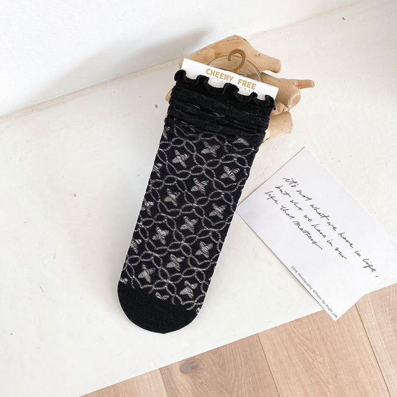 1 pair of socks for women summer thin black middle tube socks Japanese lace ballet style socks mesh breathable pile socks - Korvel