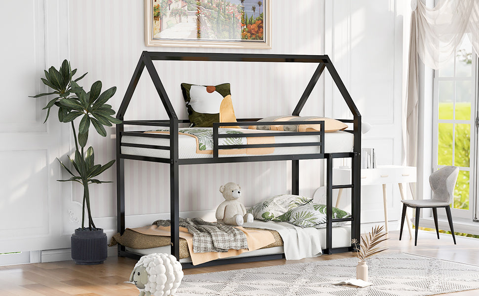 Twin over Twin House Bunk Bed with Built-in Ladder - Black