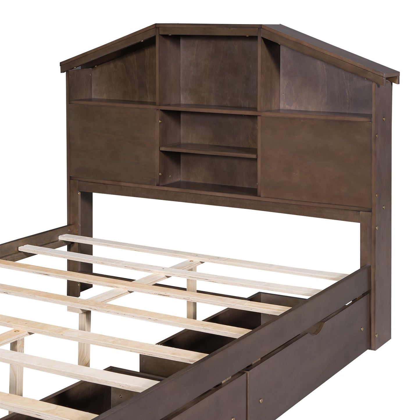 Cama Plataforma de Madera de Nogal de Tamaño Completo con Cabecera de Almacenamiento