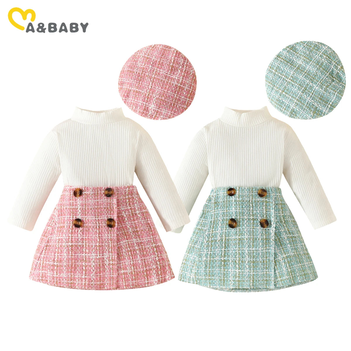 ma&baby Toddler Girls Knit Outfit Set with Plaid Skirt