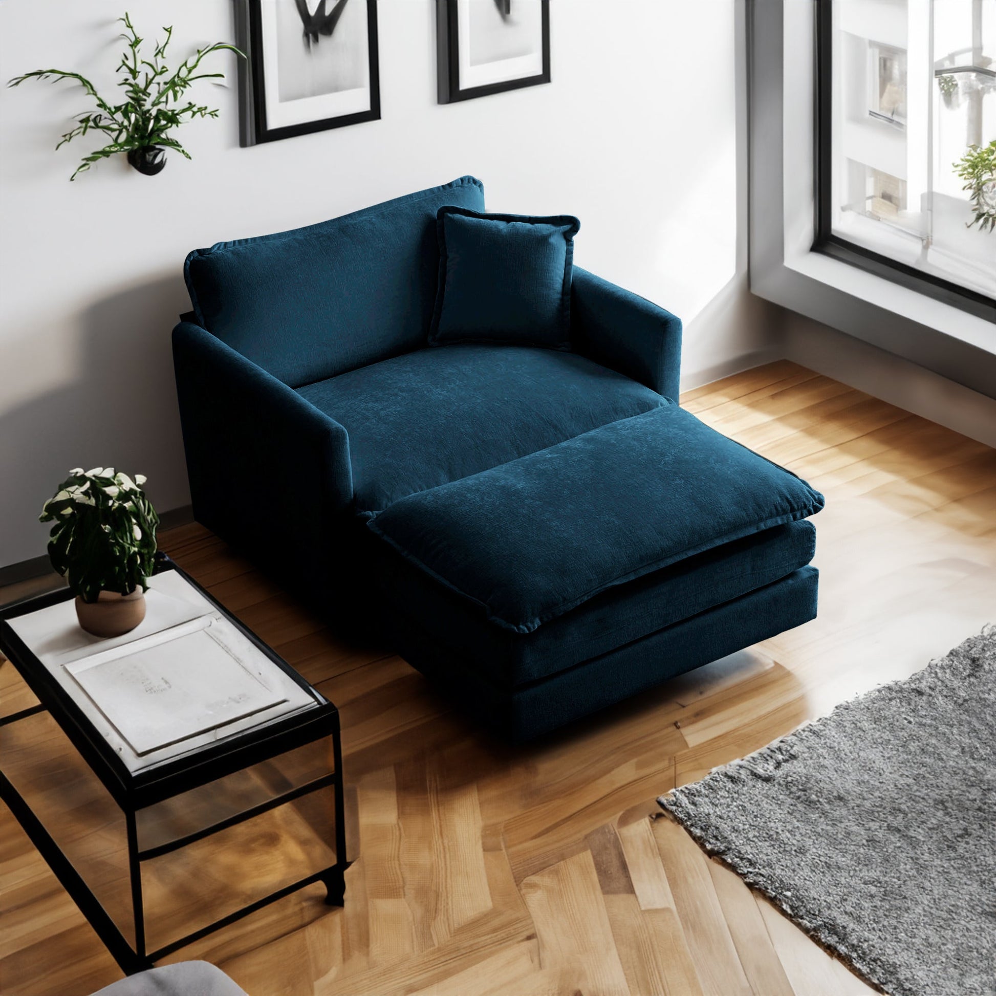 Ottoman modern style chair, living room club chair Chenille cushioned armchair, bedroom reading chair, blue - Korvel