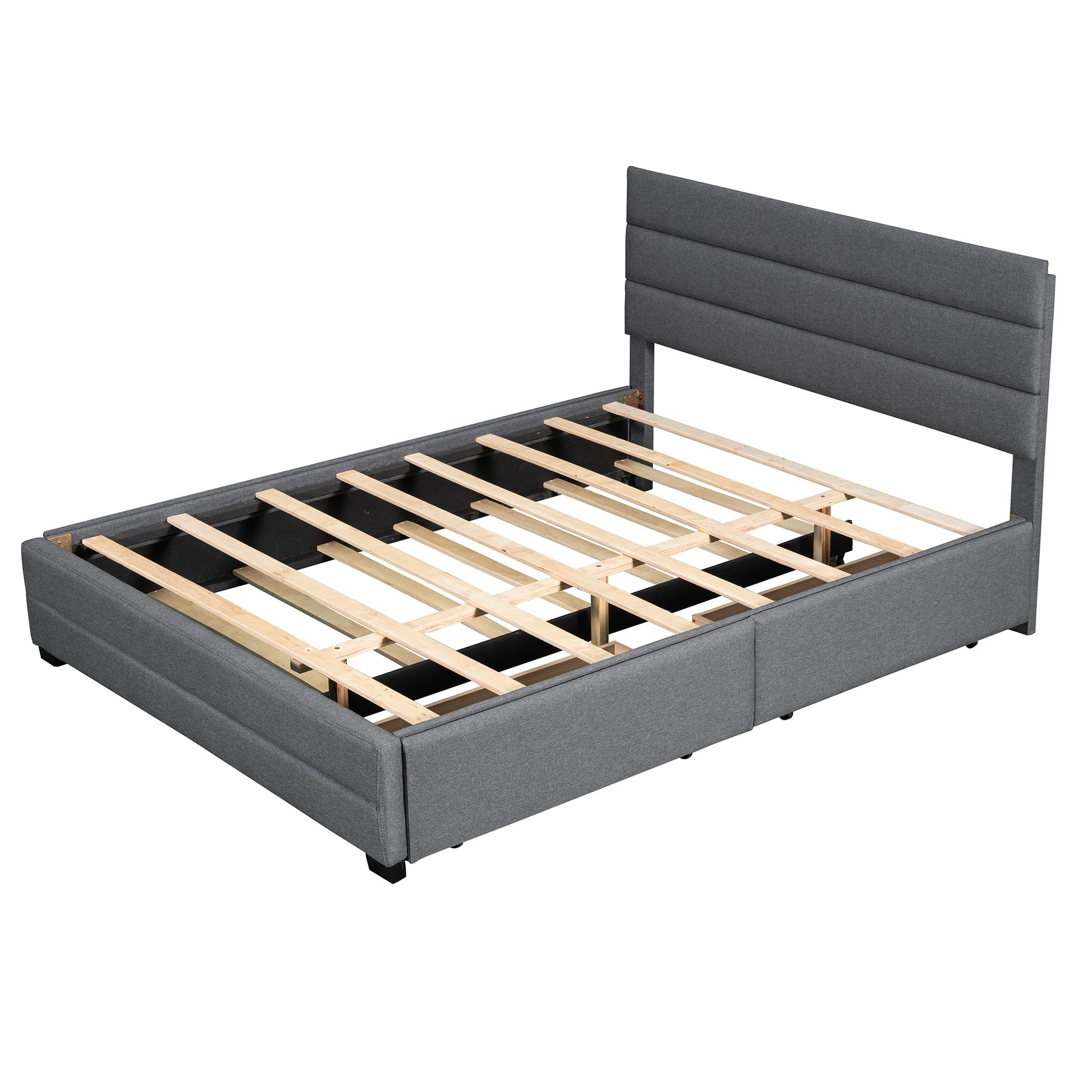 Queen Upholstered Platform Bed with Twin Size Trundle and Two Drawers Grey - Korvel