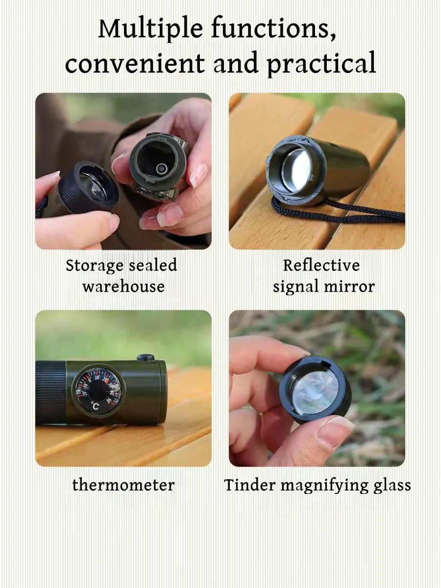 NEW 7 in 1 Survival Whistle Hiking Whistle Compass Mirror Flashlight Magnifier LED Light Thermometer Storage Compass Tool - Korvel