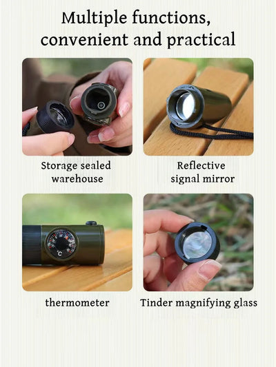 NEW 7 in 1 Survival Whistle Hiking Whistle Compass Mirror Flashlight Magnifier LED Light Thermometer Storage Compass Tool - Korvel