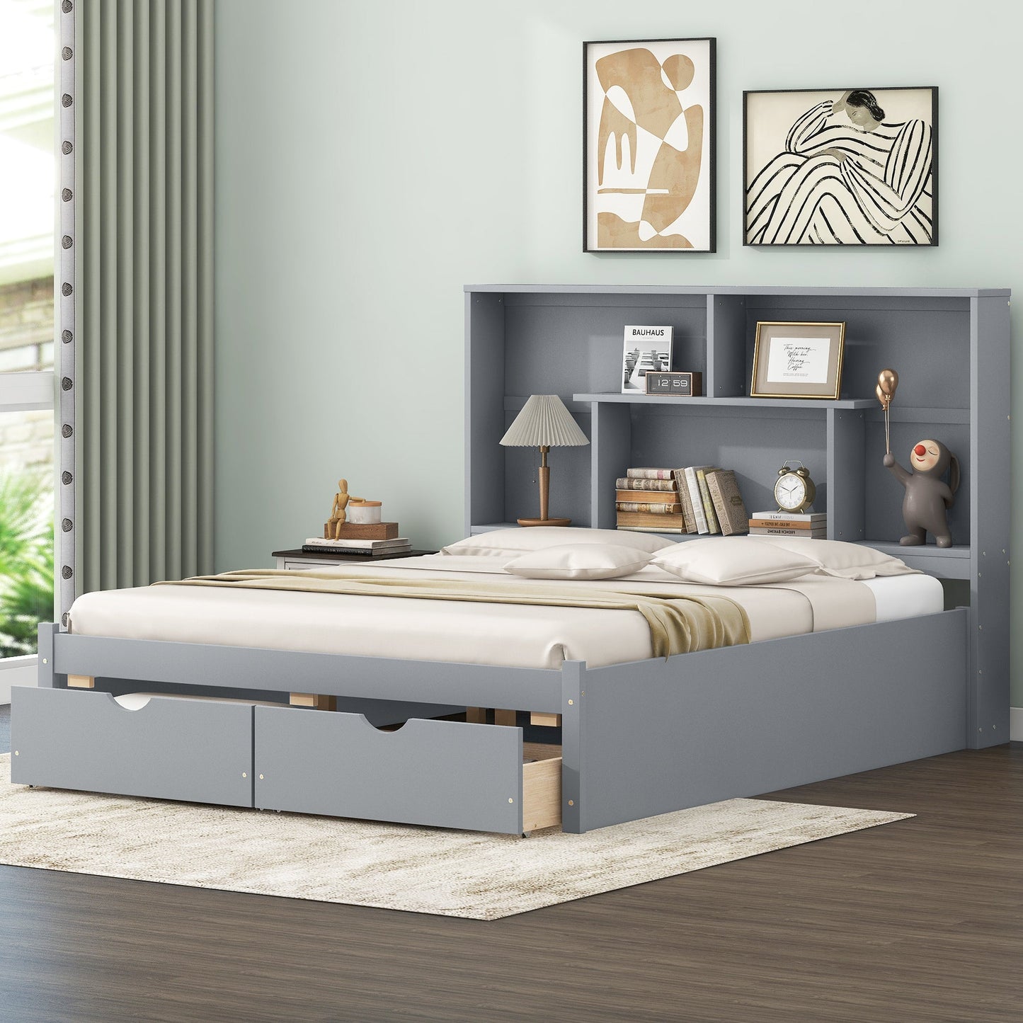 Elegant Queen Size Platform Bed with Storage Headboard, Gray