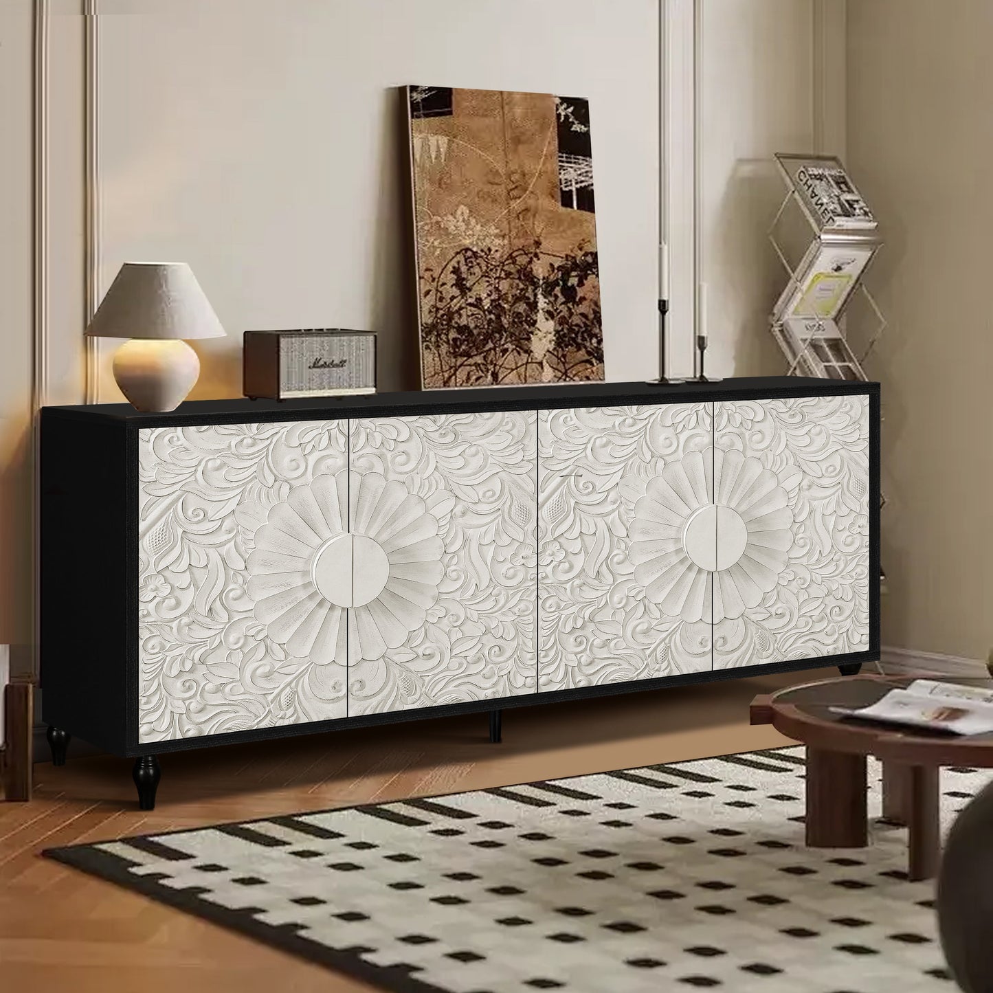 Vintage White Large Faceted Carved Sideboard with Black Frames