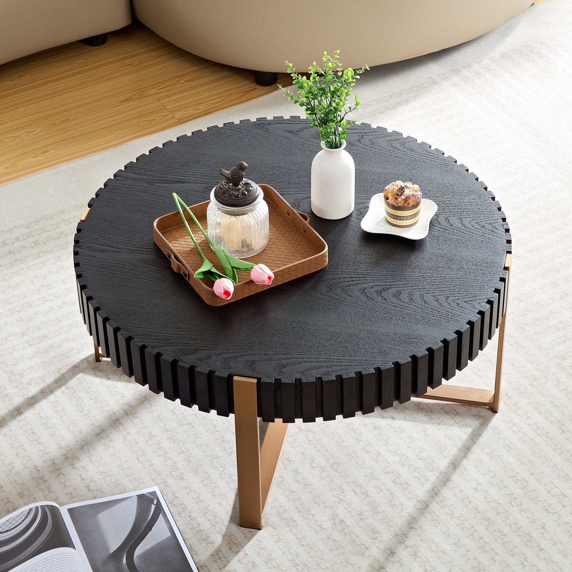 Modern Handcraft Drum Coffee Table 31.5 inch Round Coffee Table for Living Room,Small Coffee Table with Sturdy Pedestal,Black - Korvel