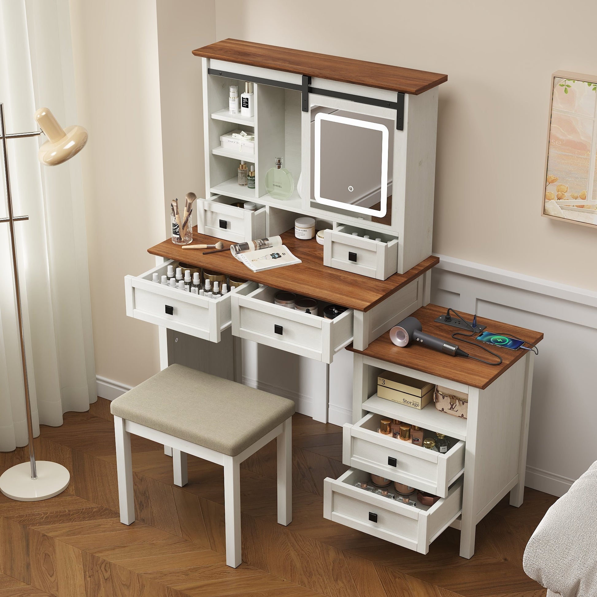 46.5-inch dressing table with adjustable LED lighting mirror and charging station, equipped with soft cushioned stool - Korvel