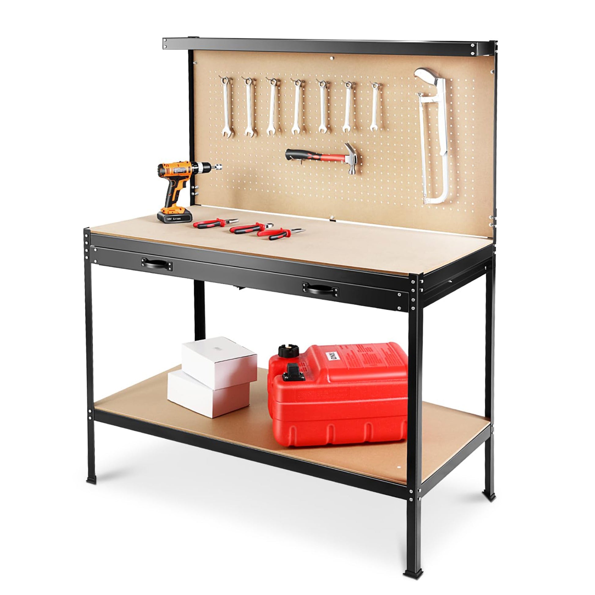 63" Tools Cabinet Working Tables Workbench Tool Storage Workshop Table with Drawers and Pegboard - Korvel