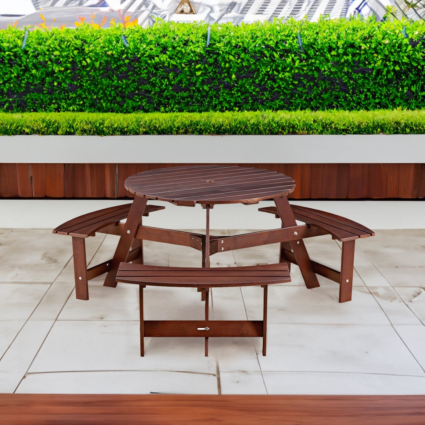 6-person circular picnic table with 3 built-in benches, umbrella holes, outdoor tables and chairs brown bench set - Korvel