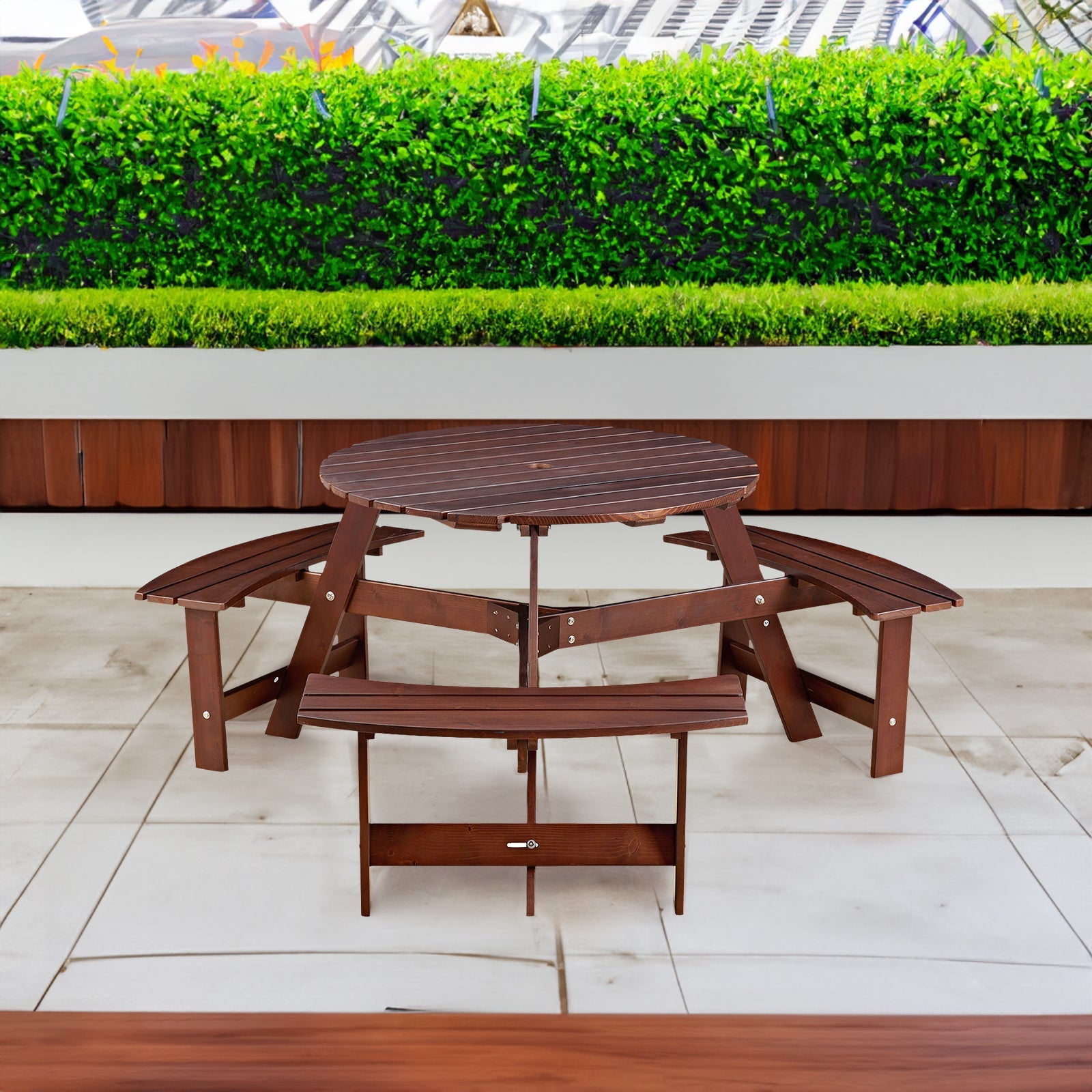 6-person circular picnic table with 3 built-in benches, umbrella holes, outdoor tables and chairs brown bench set - Korvel