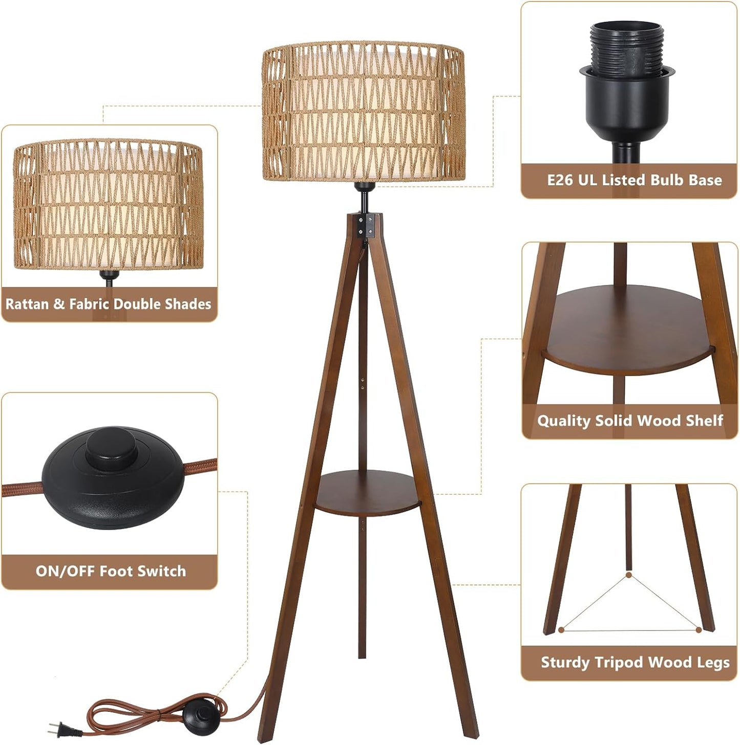 Boho Tripod Floor Lamp with Shelves - Mid Century Design
