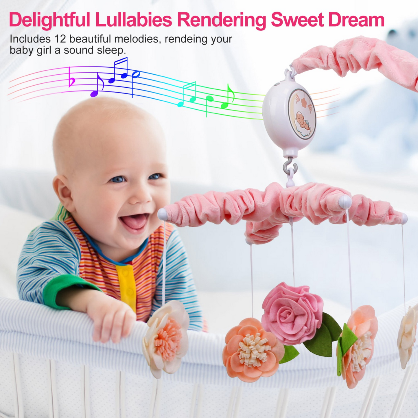 Mobile musical Gbruno pour filles - 12 mélodies et 5 hochets en fleurs