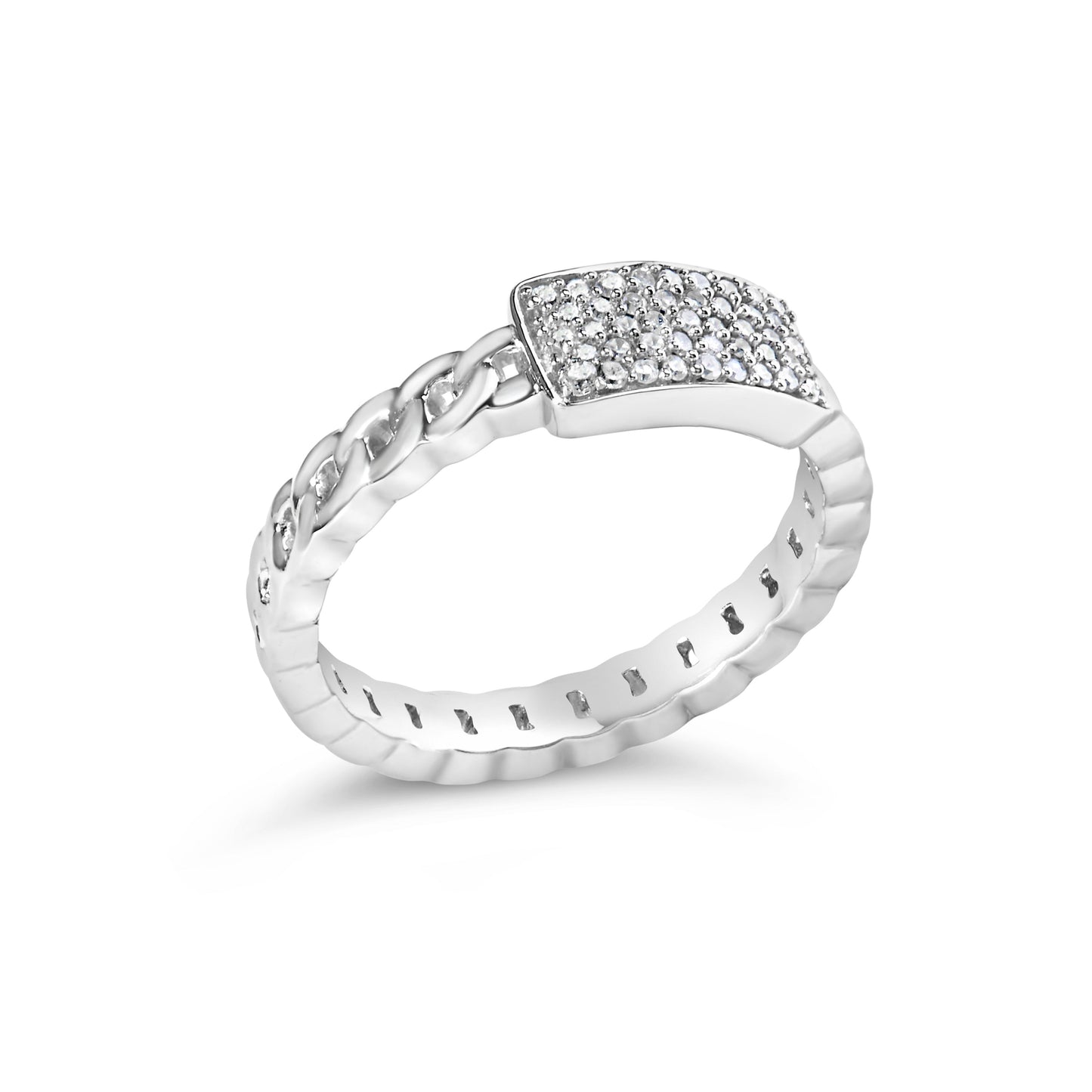 .925 Sterling Silver Diamond ID and Cuban Link Band Ring - Size 6