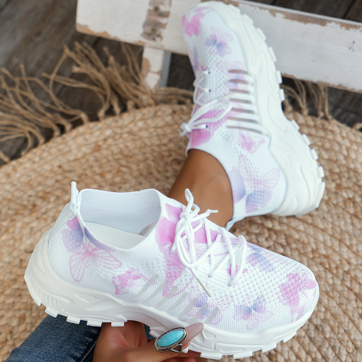 Butterfly Print Mesh Sneakers for Women - Casual & Sporty