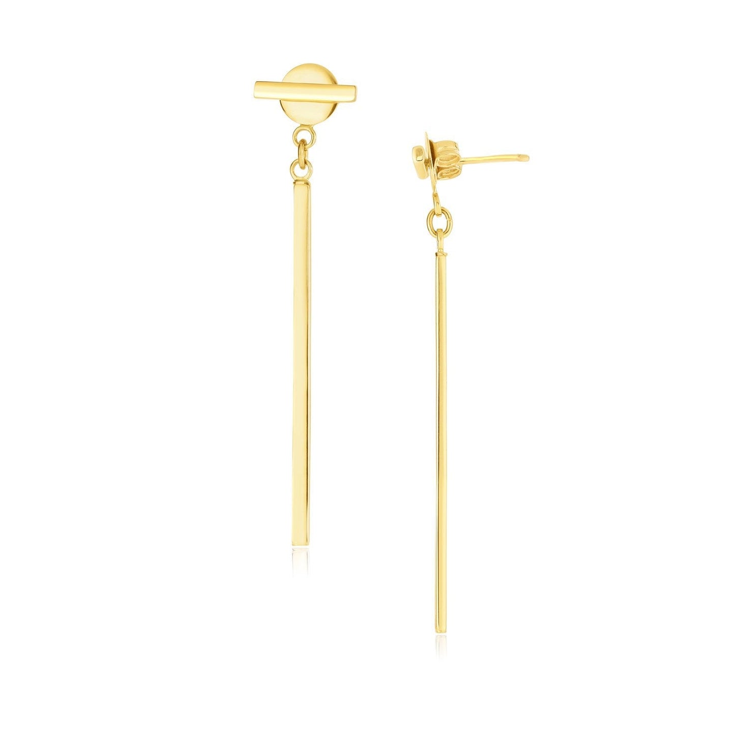 Pendientes colgantes modernos de disco y barra de oro amarillo de 14k