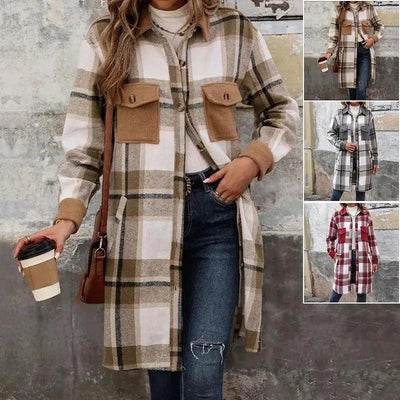Manteau long à carreaux brossé avec poches - Veste d'hiver pour femmes