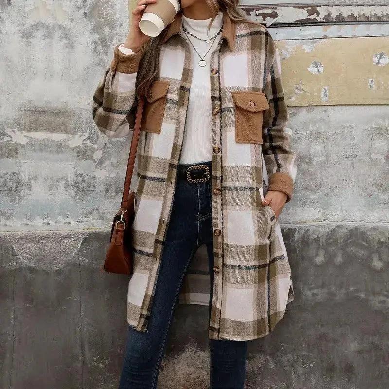 Abrigo Largo de Cuadros Cepillados con Bolsillos - Chaqueta de Invierno para Mujer