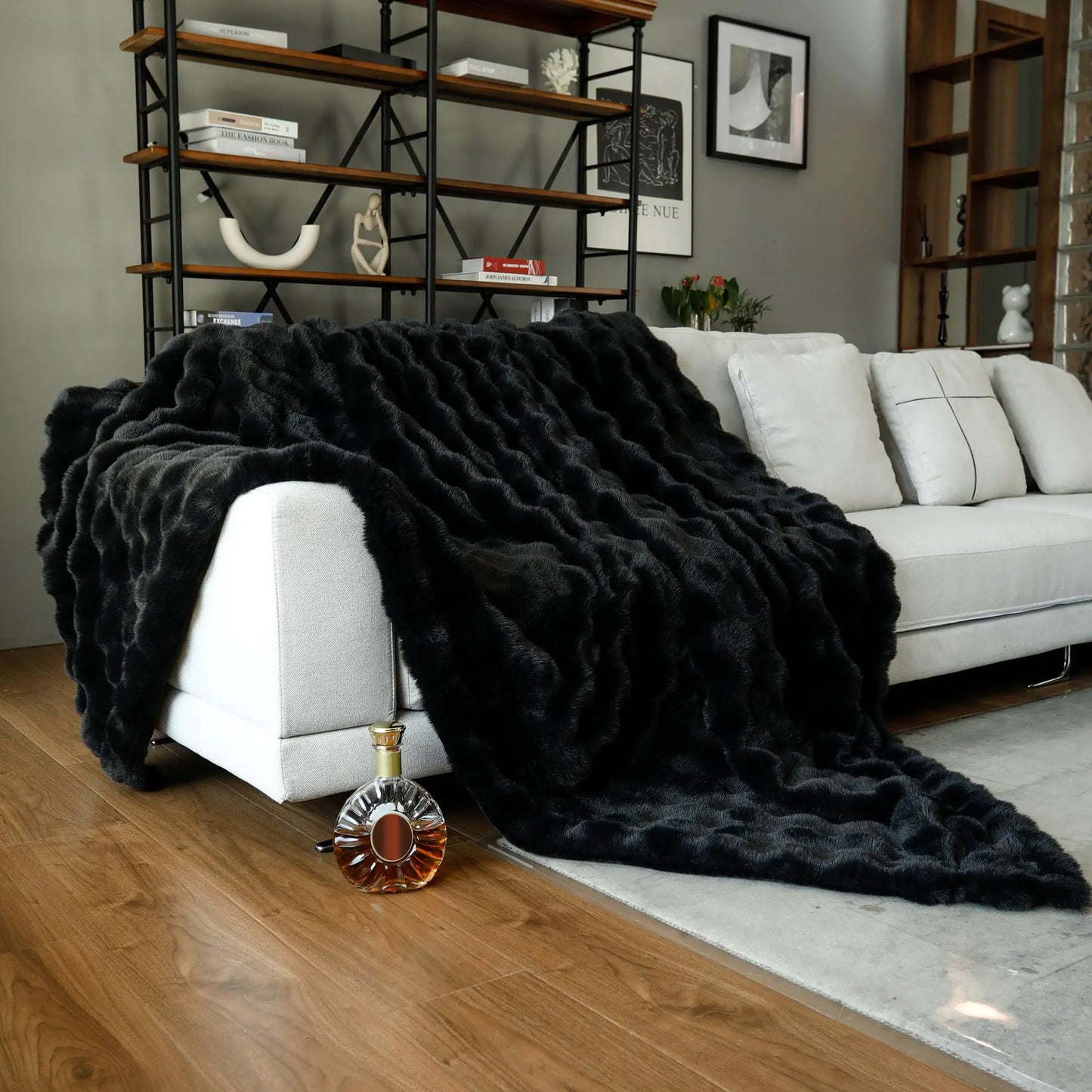 Moenchy Faux Fur Black Throw Blanket - Super Soft & Cozy 50x60 Inch