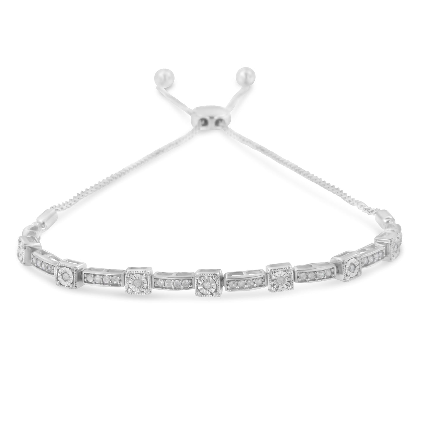 .925 Sterling Silver Adjustable Bolo Bracelet with Diamonds
