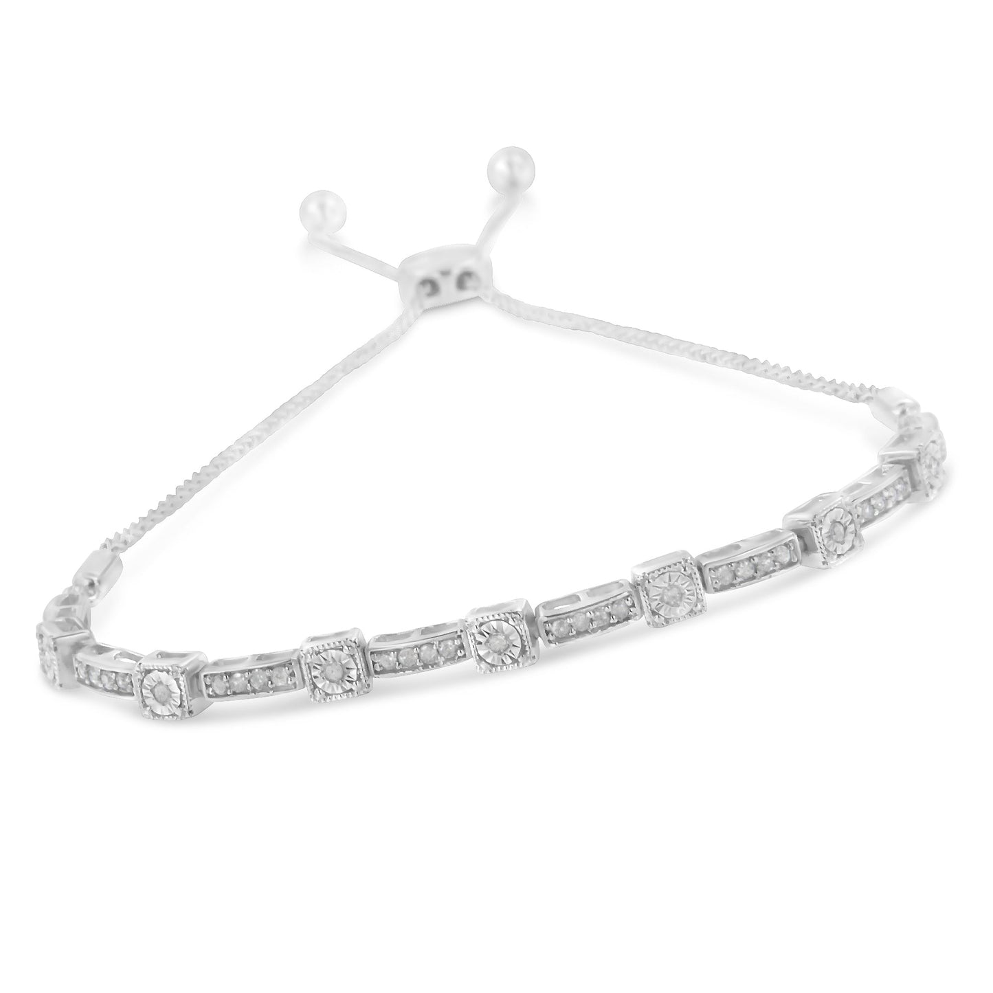 .925 Sterling Silver Adjustable Bolo Bracelet with Diamonds