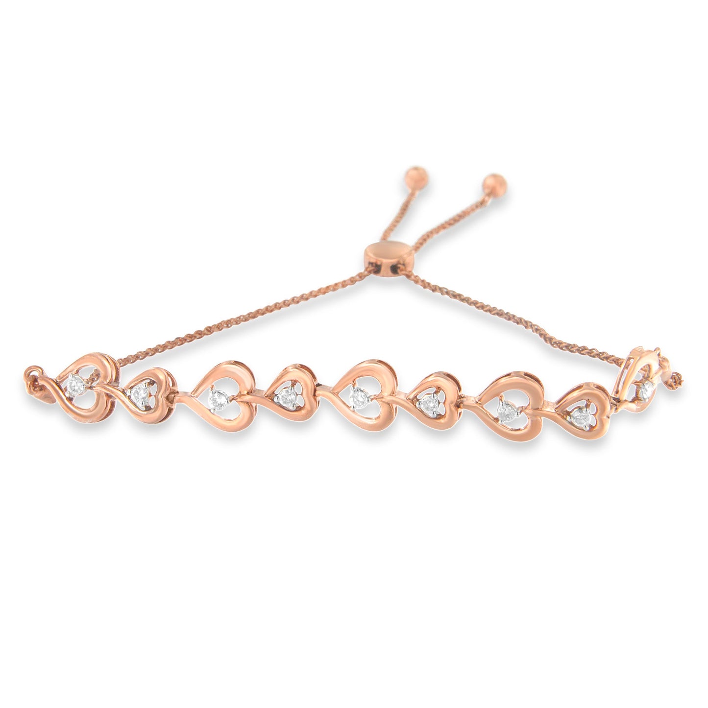 Rose Plated Sterling Silver Diamond Heart-Linked Bolo Bracelet