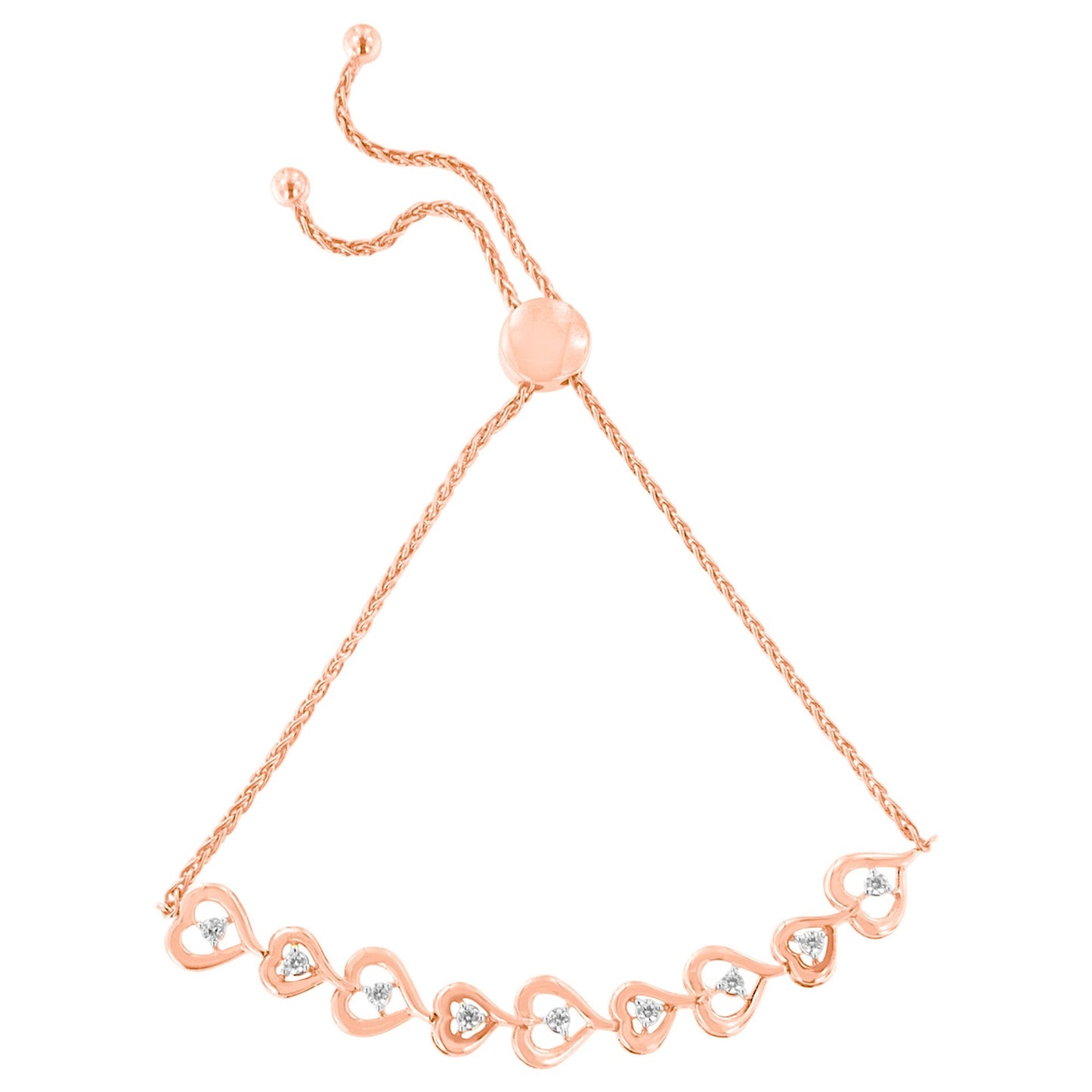 Rose Plated Sterling Silver Diamond Heart-Linked Bolo Bracelet