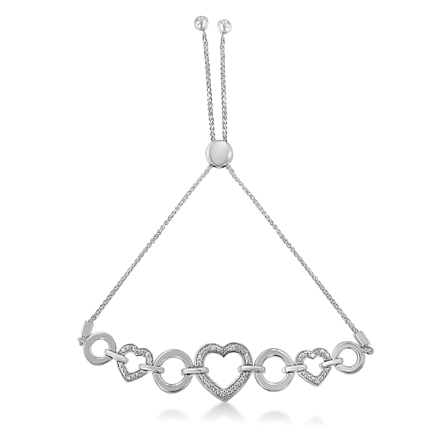 Pulsera Bolo Ajustable de Enlace Corazón de Plata Esterlina .925 con Diamantes