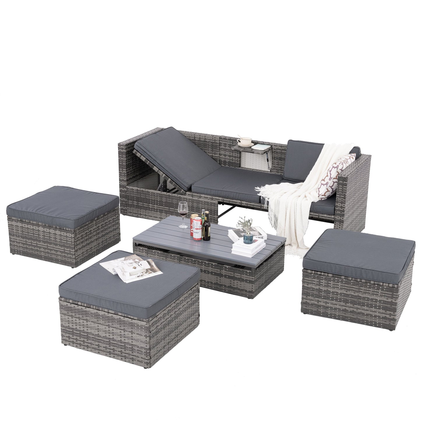 Patio Furniture, Outdoor Furniture, Seasonal PE Wicker Furniture,5 Set Wicker Furniture With Plywood Coffee Table - Korvel