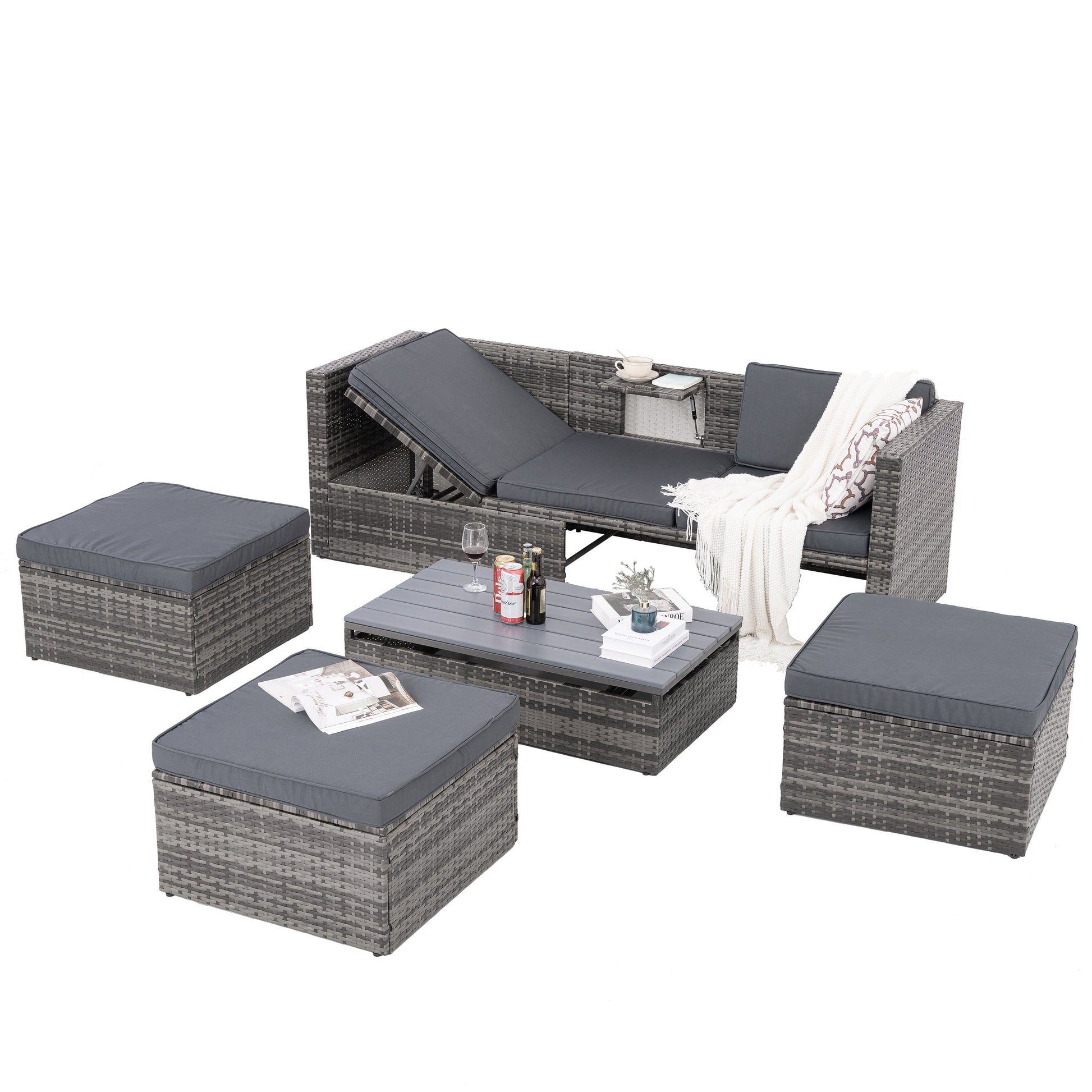 Patio Furniture, Outdoor Furniture, Seasonal PE Wicker Furniture,5 Set Wicker Furniture With Plywood Coffee Table - Korvel