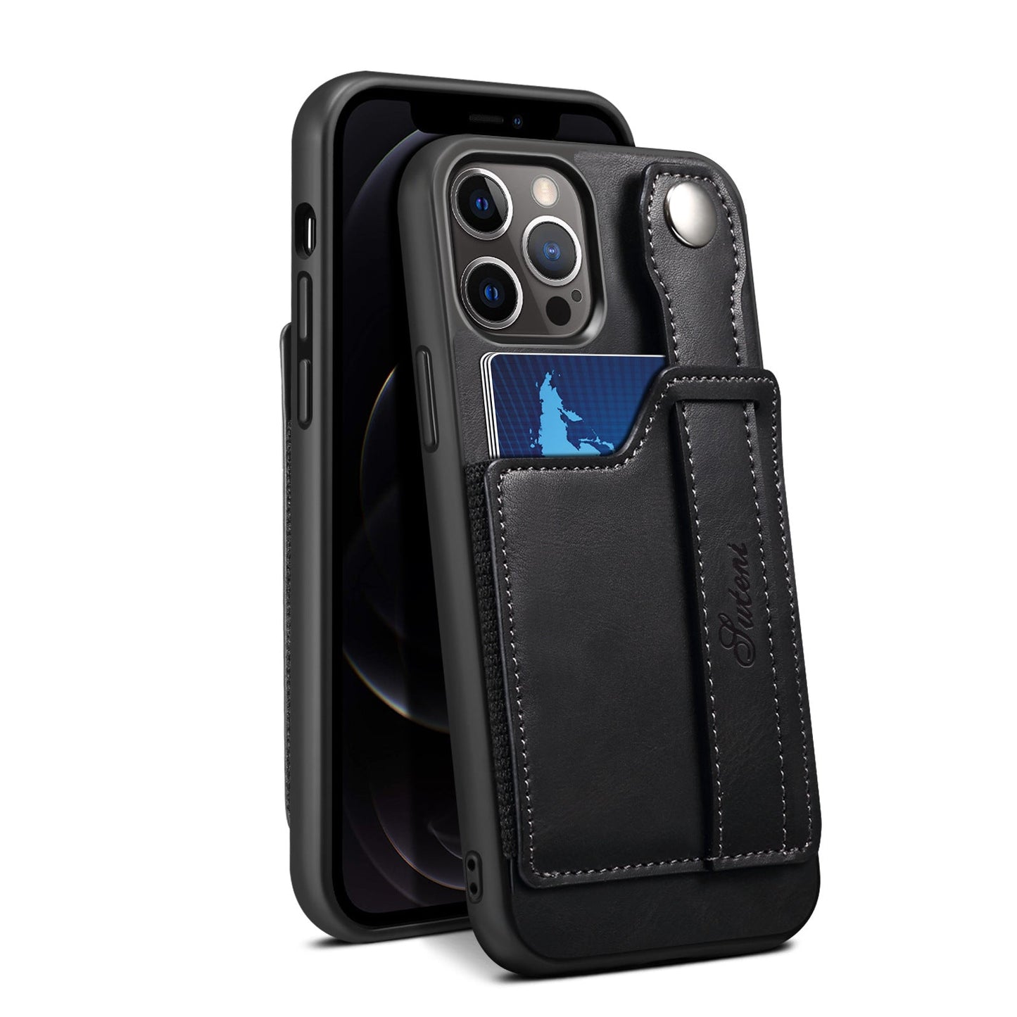 For iPhone 14ProMax Mobile Phone Case Apple iPhone 14Pro Plug-In Card Leather Case Wrist With Back Cover Type Protective Case - Korvel