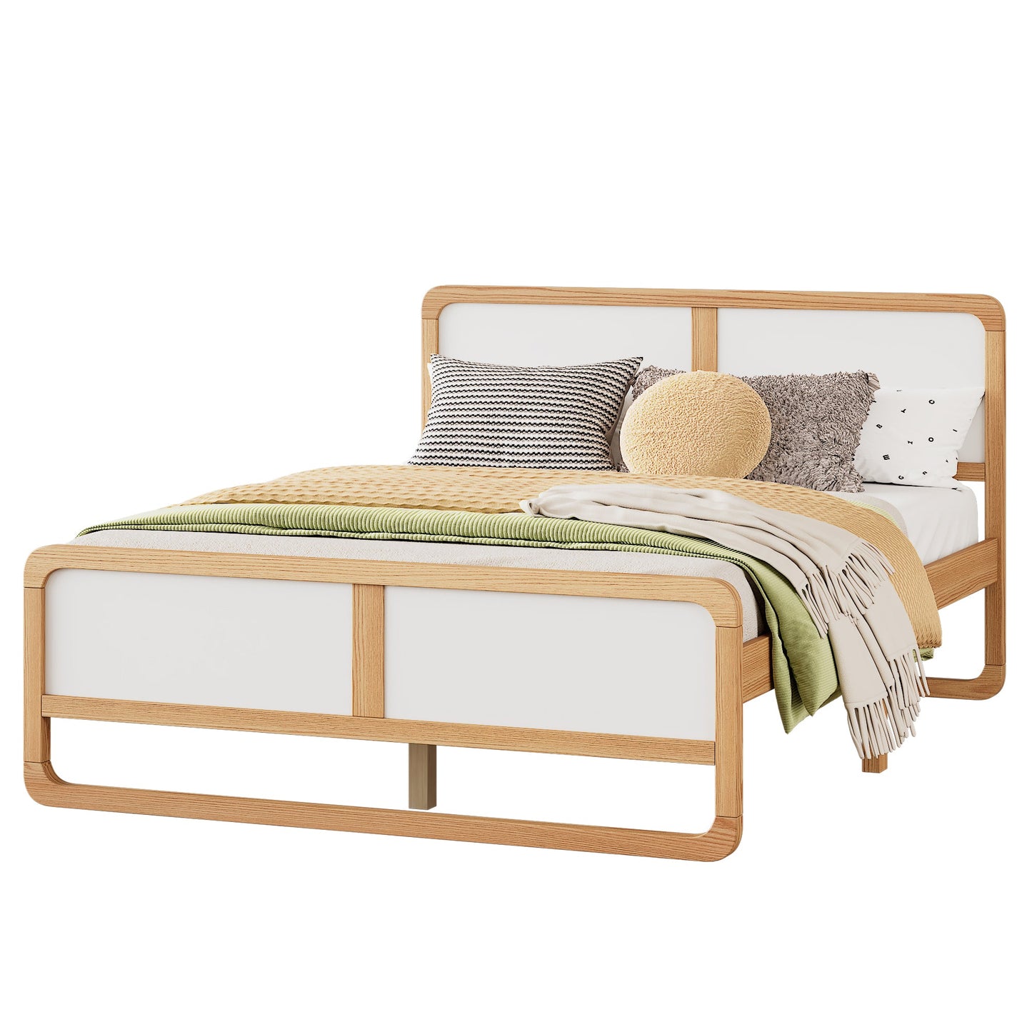 Modern Style Queen Size Solid Wood Platform Bed for Kids, Teens, Adults, No Need Box Spring, Walnut and White - Korvel