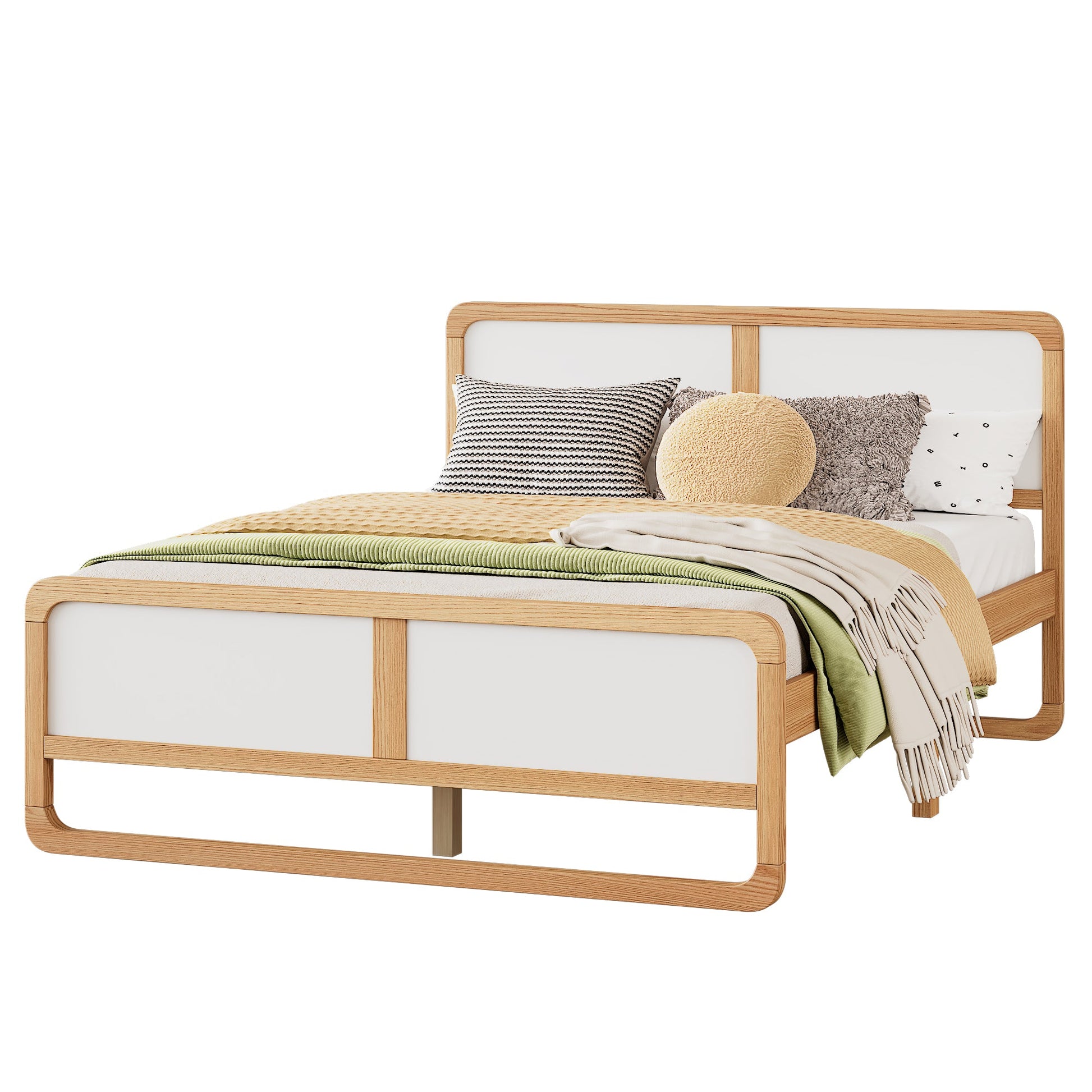 Modern Style Queen Size Solid Wood Platform Bed for Kids, Teens, Adults, No Need Box Spring, Walnut and White - Korvel