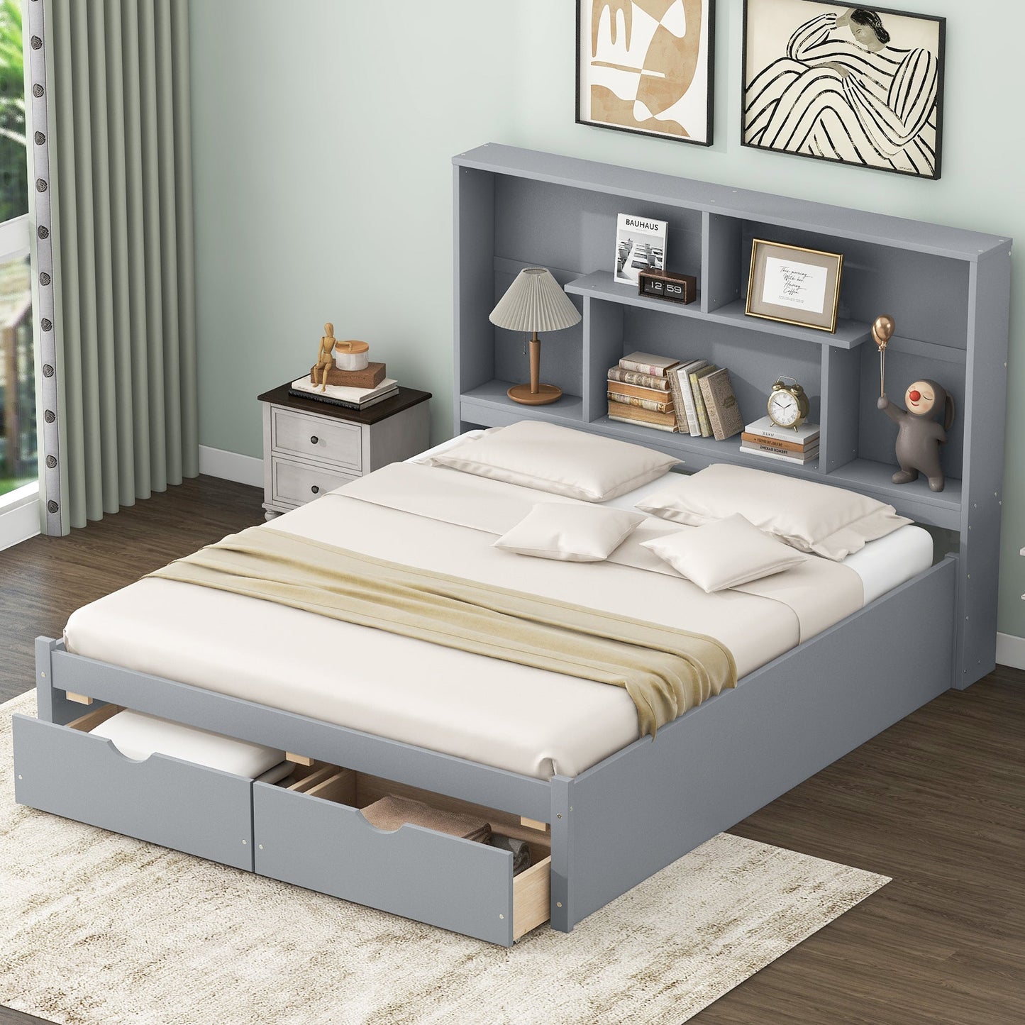 Elegant Queen Size Platform Bed with Storage Headboard, Gray