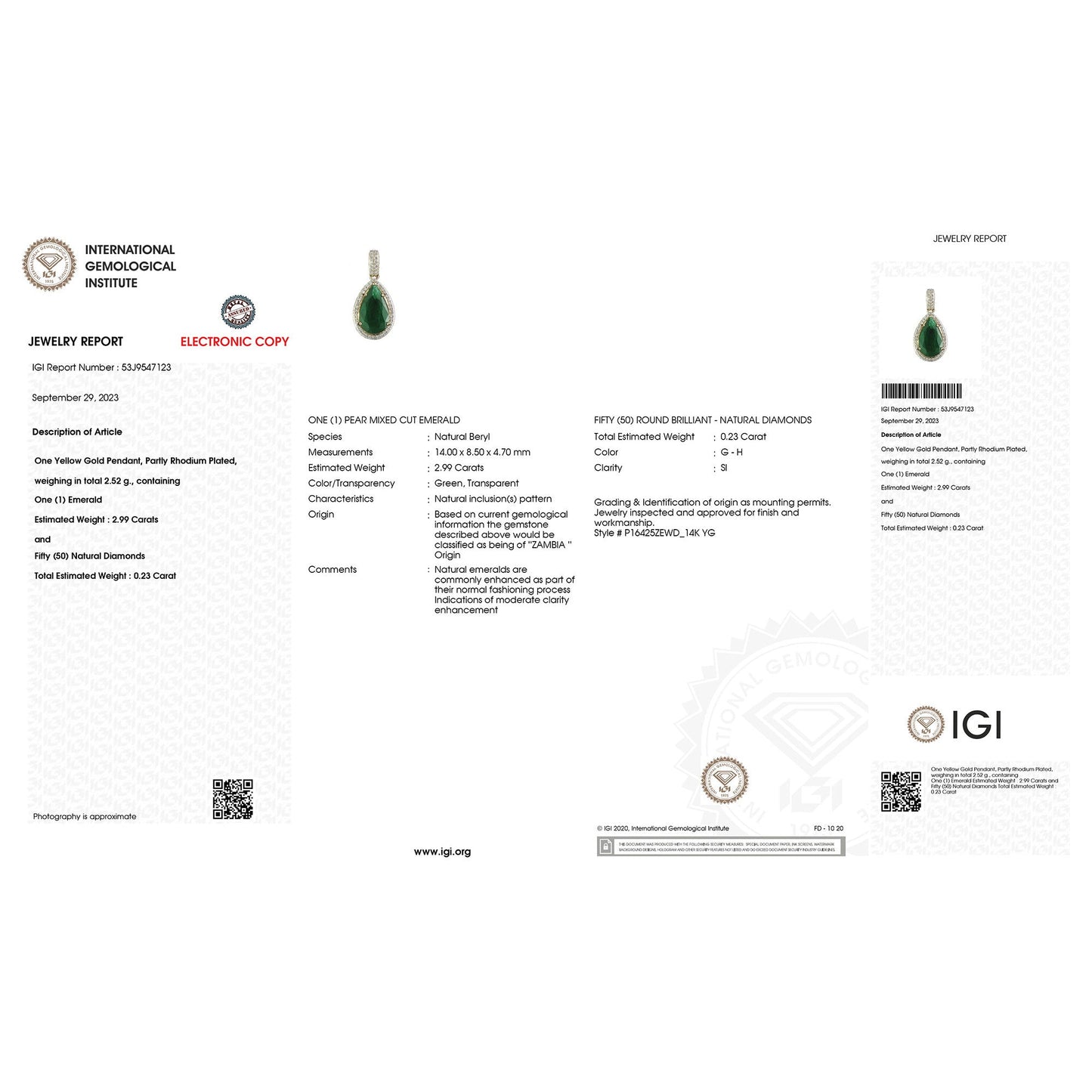 IGI Certified 3.22 Carat Zambian Emerald & Diamond 14K Gold Pendant