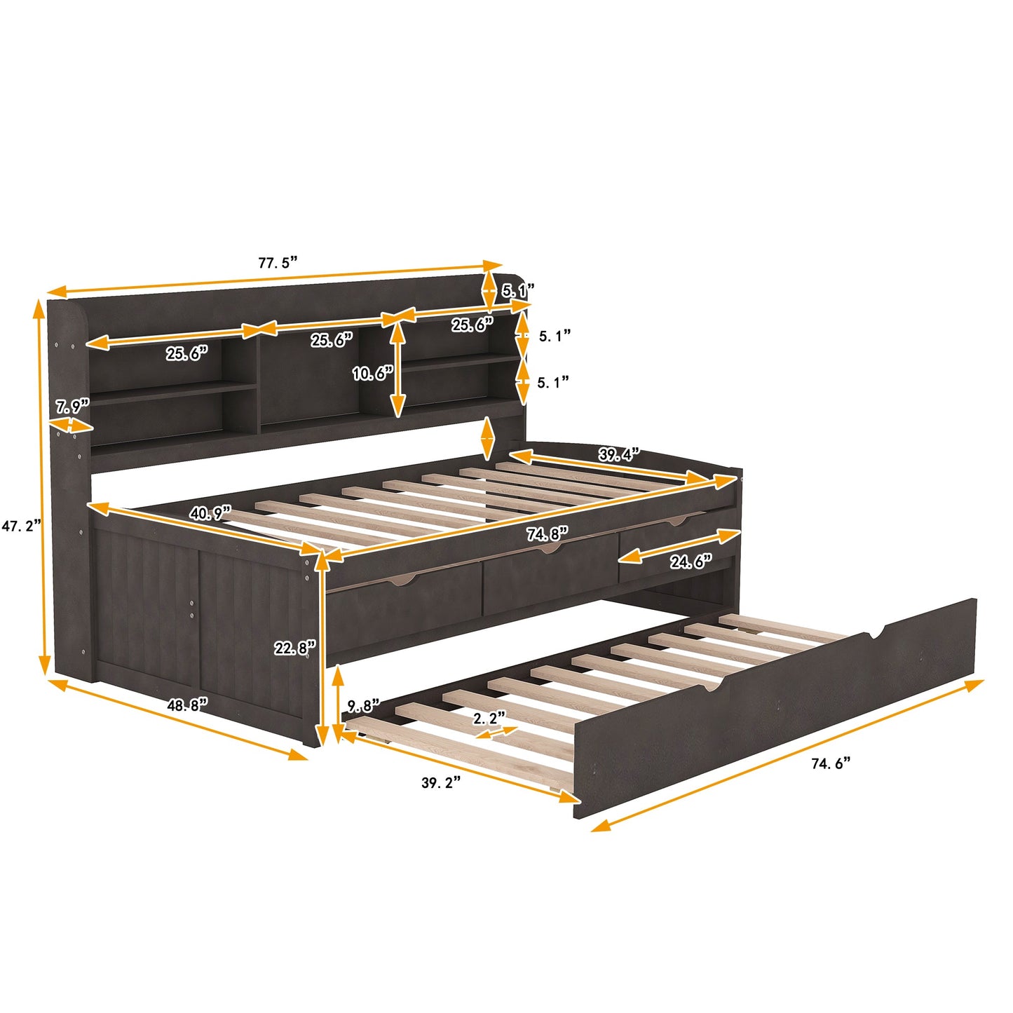 Twin Size Wooden Captain Bed with Storage and Trundle - Antique Gray