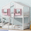 Twin over Twin House Bunk Bed with Roof , Window, Window Box, Door , with Safety Guardrails and Ladder, Pink/White - Korvel