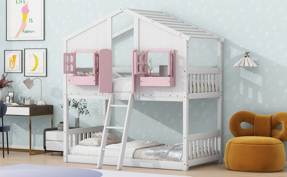 Twin over Twin House Bunk Bed with Roof , Window, Window Box, Door , with Safety Guardrails and Ladder, Pink/White - Korvel