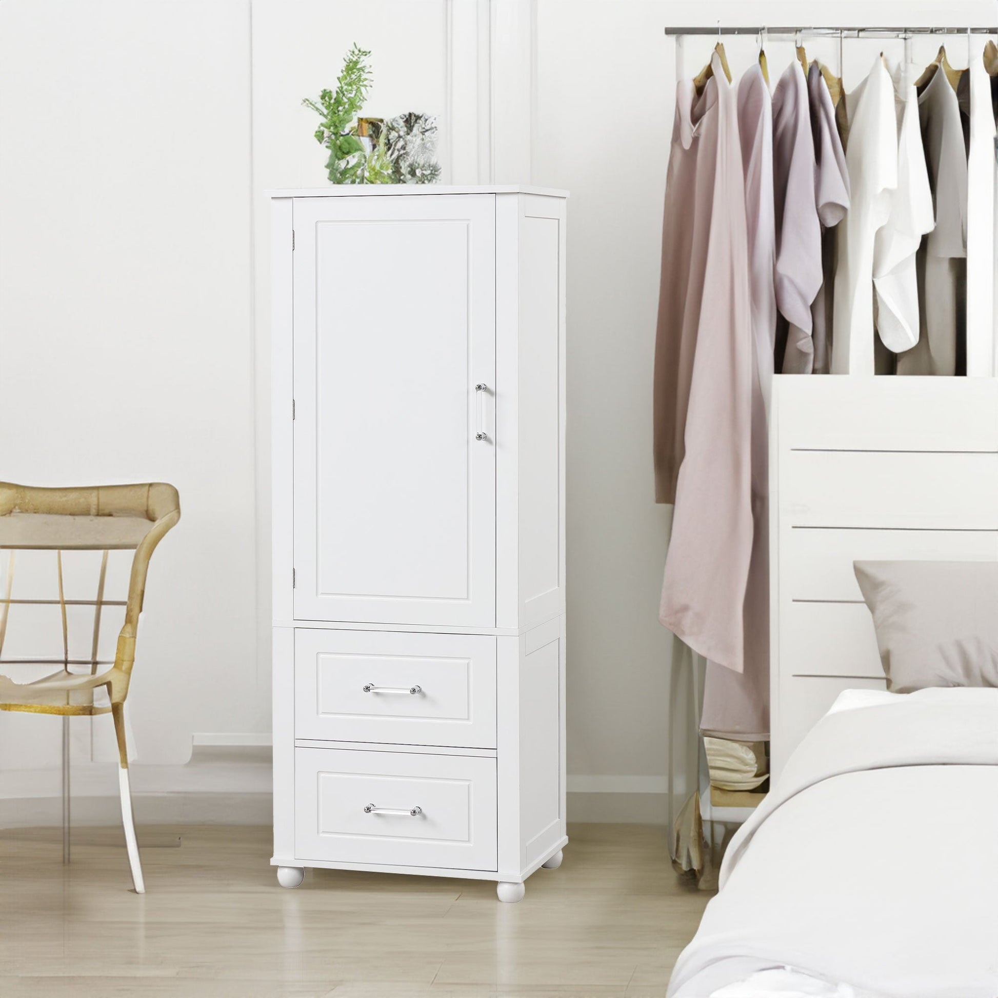 Tall bathroom storage cabinet with two drawers and adjustable shelves for independent storage - Korvel