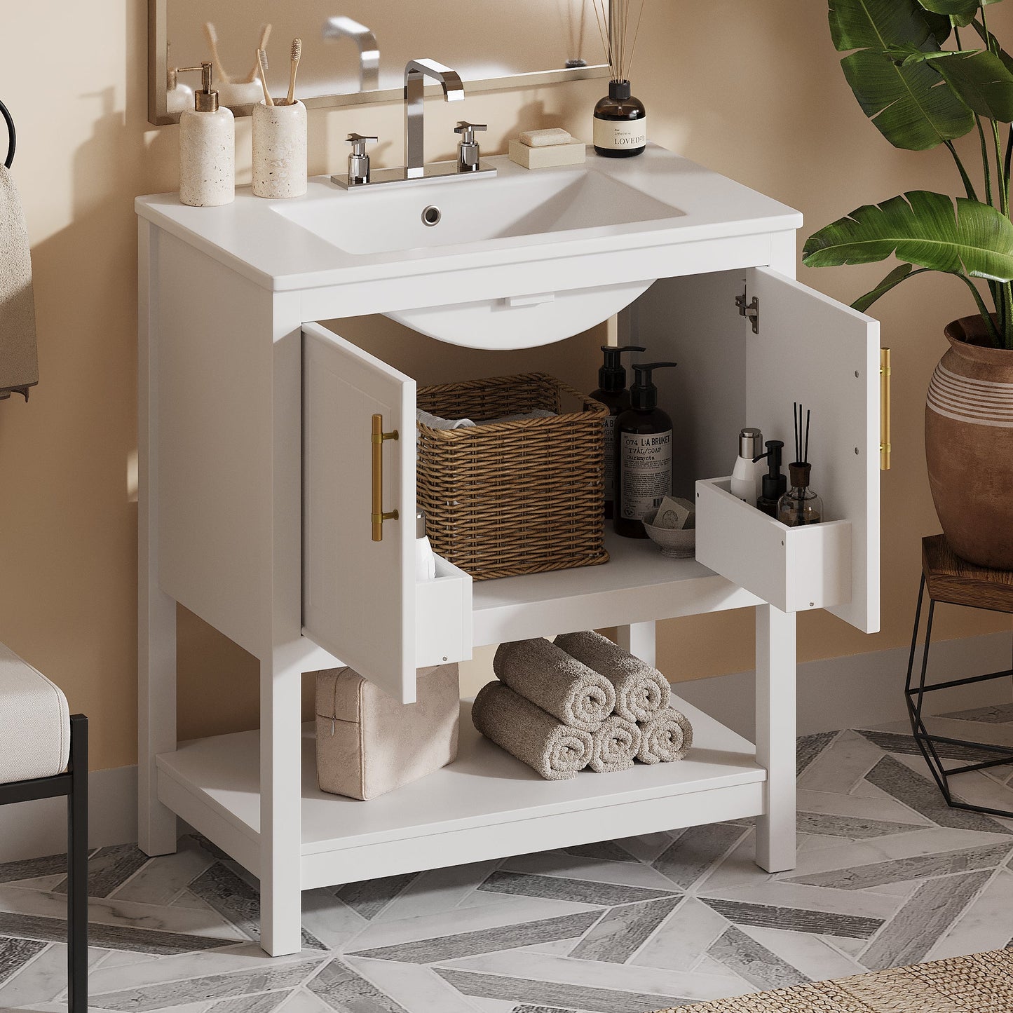 30-Inch White Bathroom Vanity with Ceramic Sink and Versatile Storage - Ideal for Small Bathrooms - Korvel