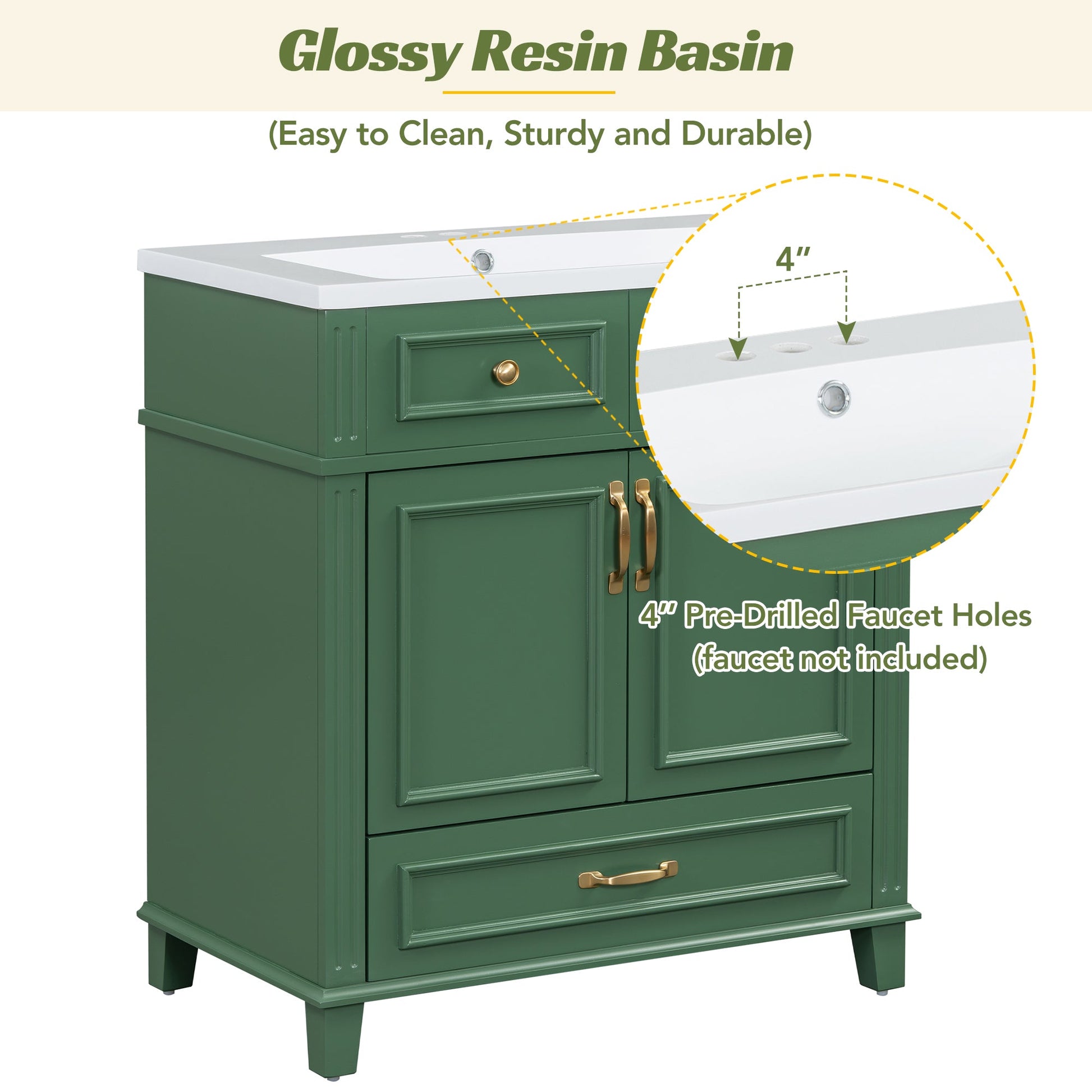 30 inch uncovered bathroom vanity with soft closed door, limited to solid wood frame bathroom storage cabinet green - Korvel
